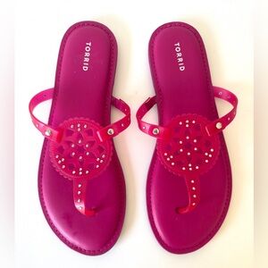 Torrid Medallion T-Strap Sandals Pink Studded Thong Wide Width 12